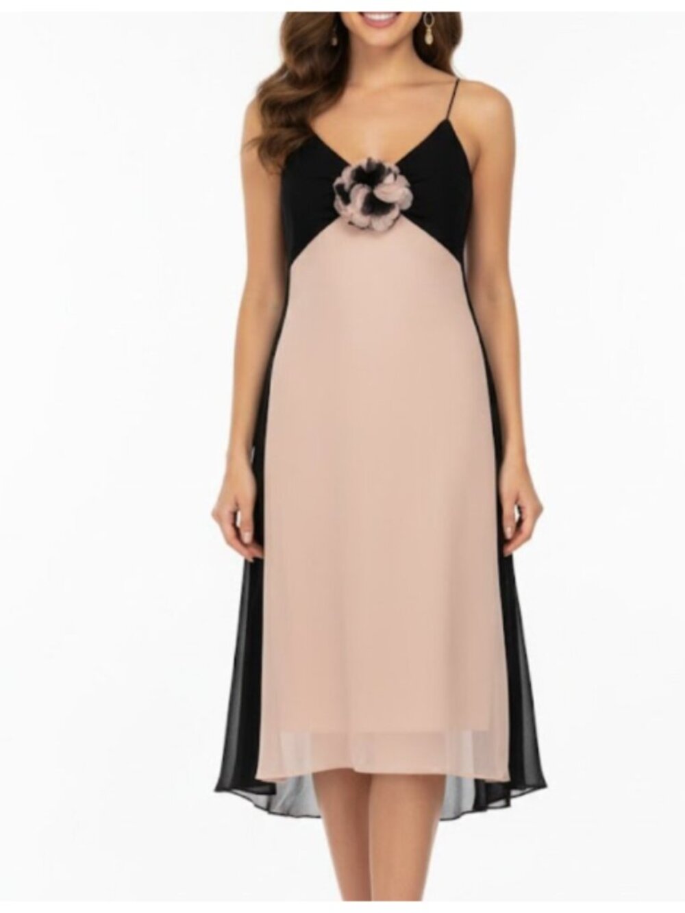 BCBG Maxazria Black & Blush Pink 100% silk Slip Dress with Floral Accent